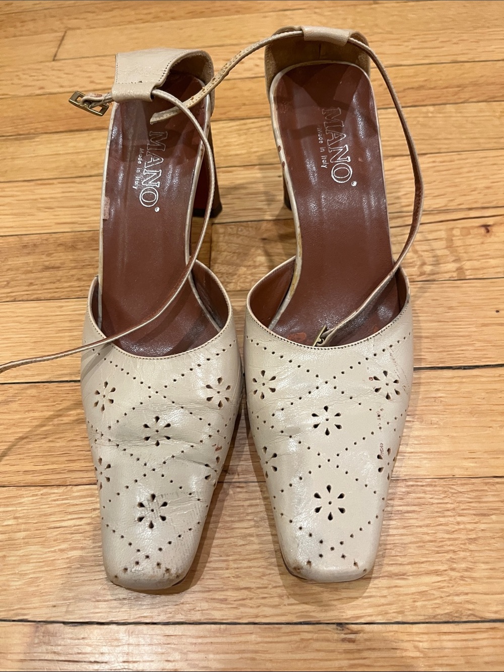 Mano Beige Leather Perforated Slingback Heels